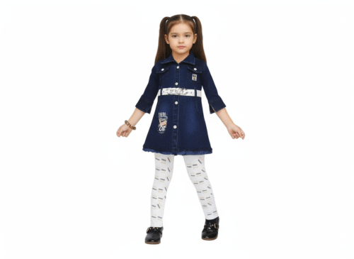 Girls Denim Shirt Dress with White Printed Leggings | Stylish Kids Western Outfit with Belt – Age 2-3 Years | Trendy Casual Wear for Girls