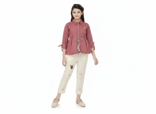 Girls Stylish Cotton Top & Pant Set – Maroon and Cream Casual Wear (Age 5–13 Years)